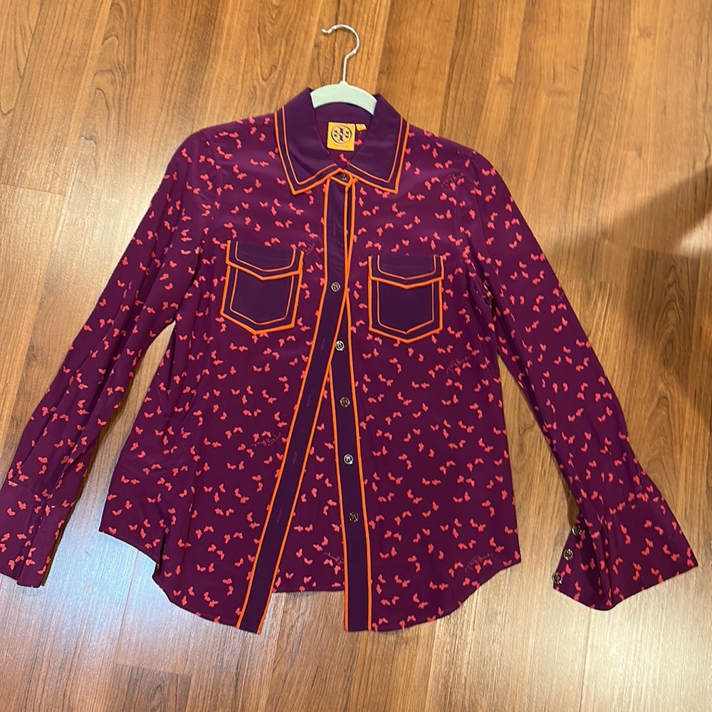 tory burch printed silk button down blouse